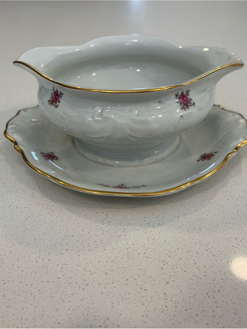 Vintage Walbryzch Poland Gravy Boat Gold Trim Floral